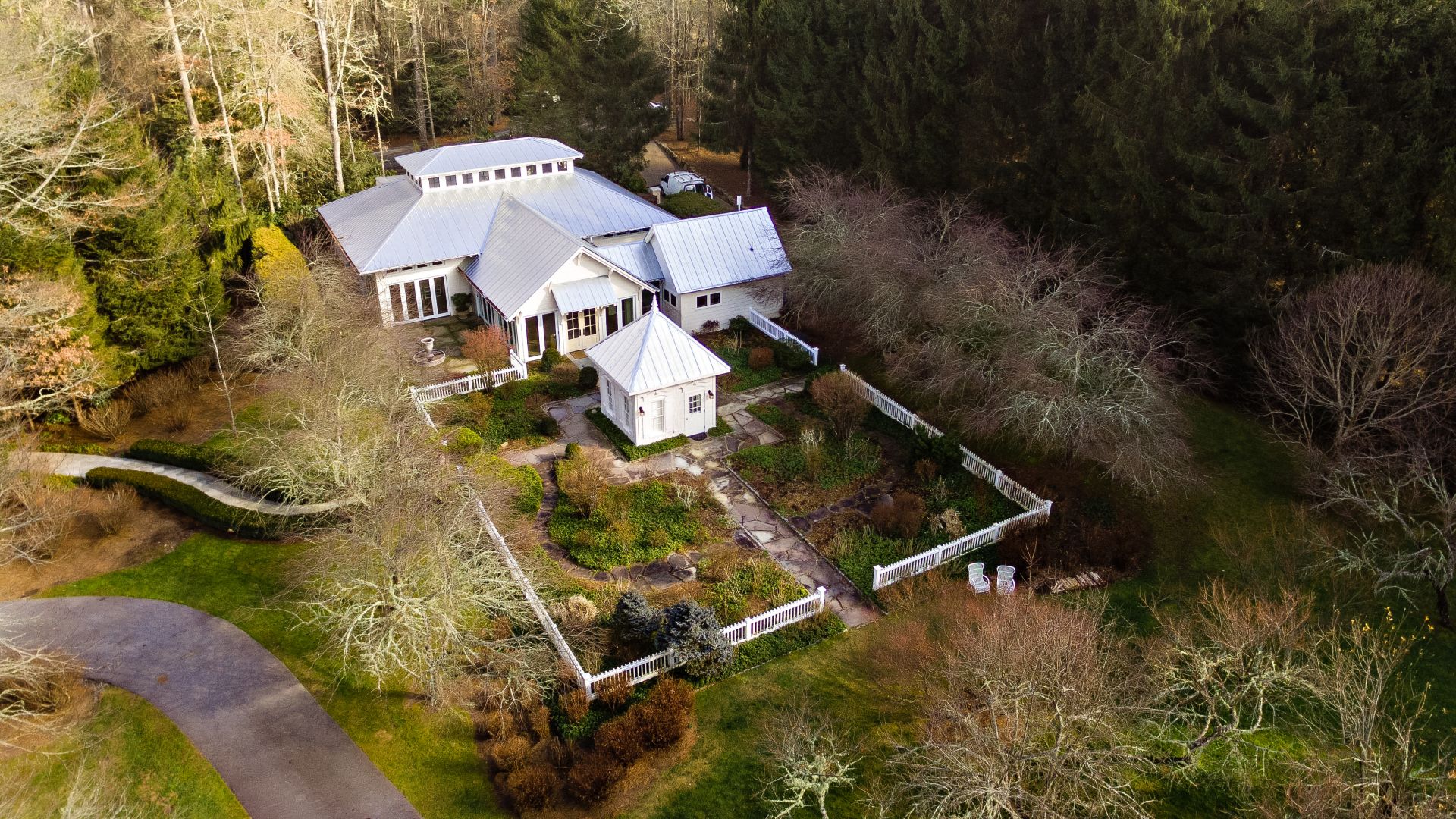 Old Edwards orchard house at the Farm aerial view